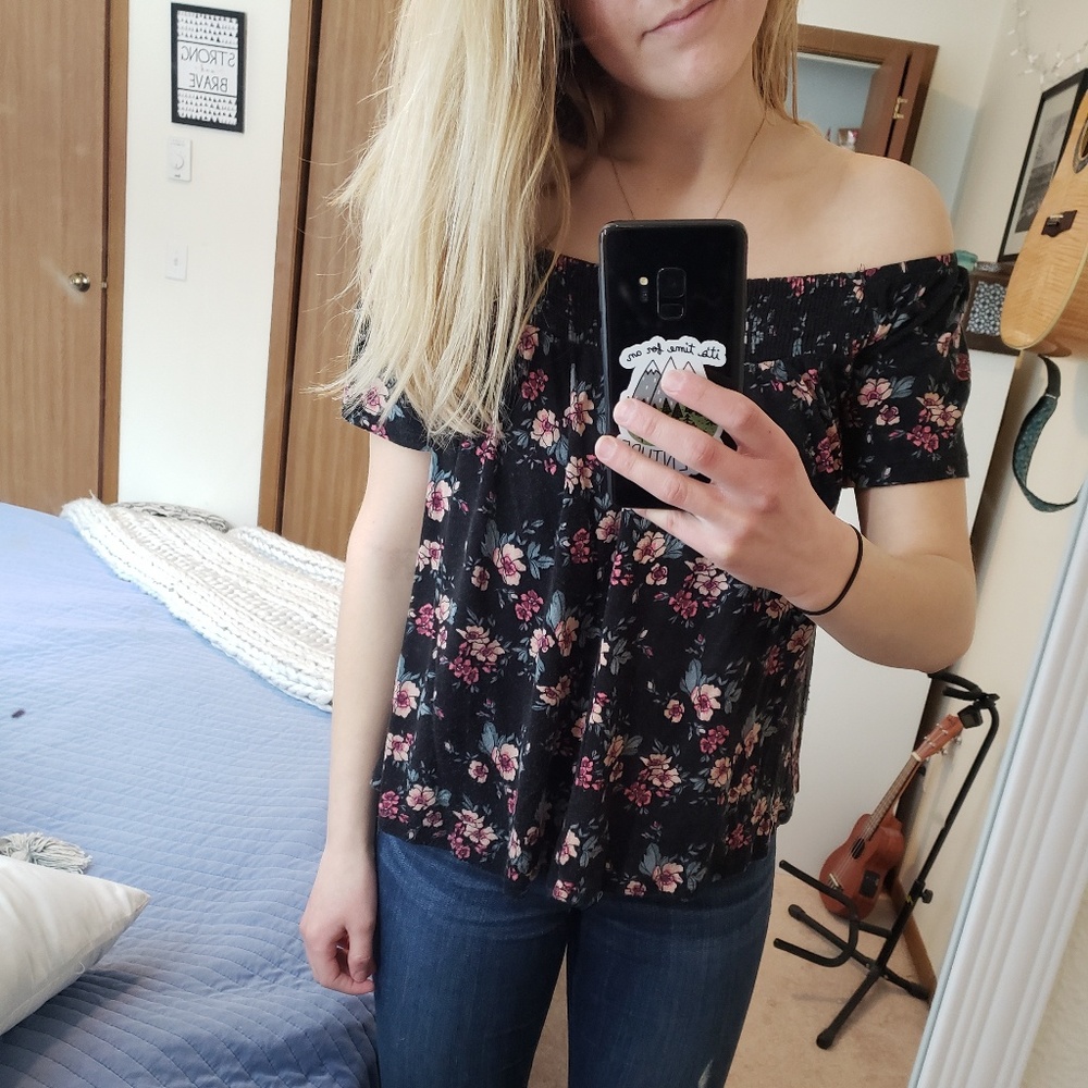 Floral black off the shoulder shirt